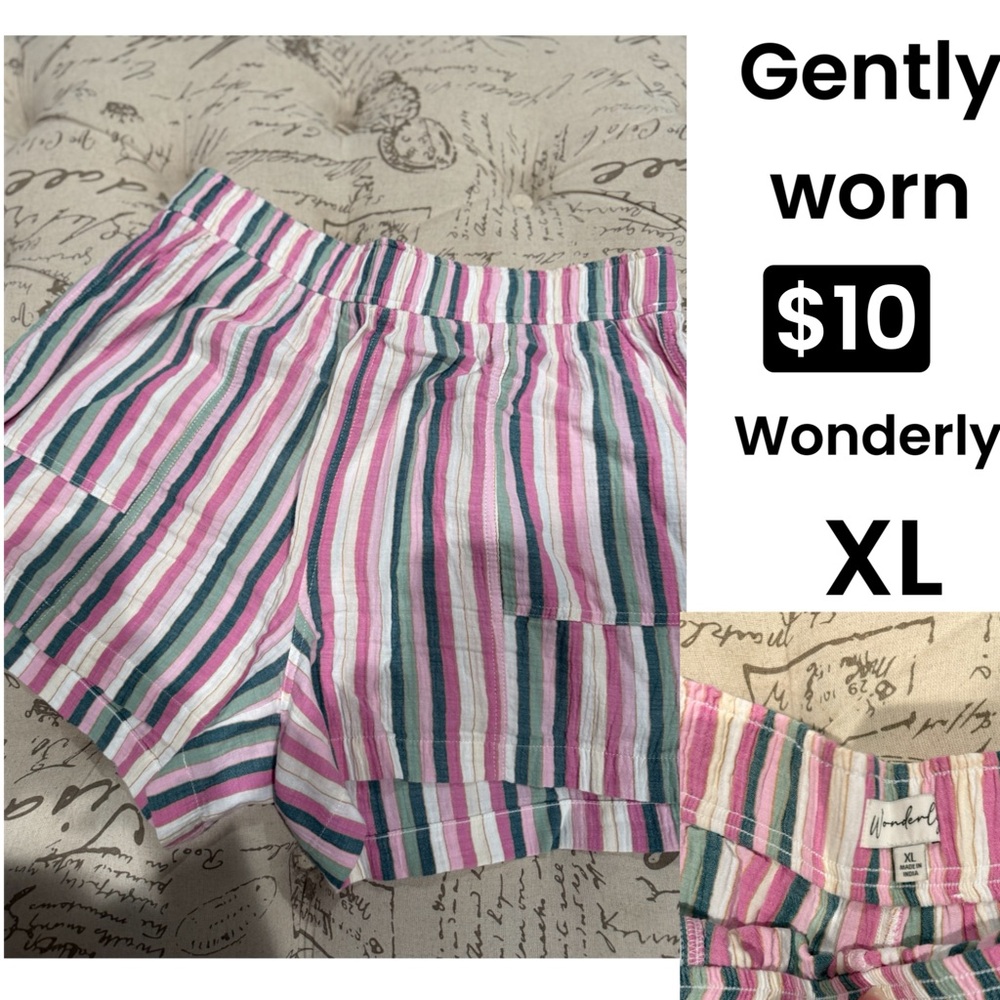 Wonderly Pink, Green & White Striped High-Waist Elastic Shorts